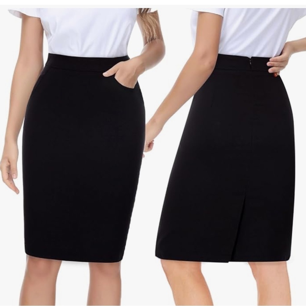 Kate Kasin Black Skirt Hight Waist Stretchy Knee Length with Pockets size 3XL